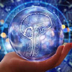 Hand holding sphere with brain inside